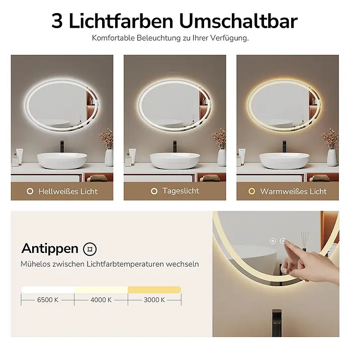 Lichtspiegel Glowrim OLM19 -  - Ovaler LED-Badspiegel zeigt 3 einstellbare Lichttemperaturen (6500K, 4000K, 3000K) per Touch-Steuerung.