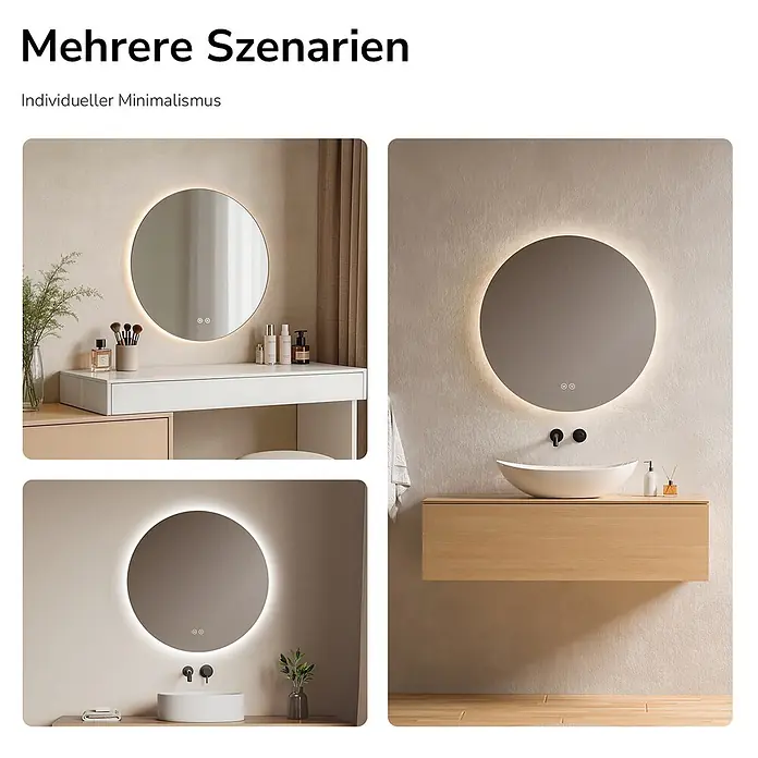 Emke Lichtspiegel Glowrim OLM03 - 70 x 70 cm - Runder, hinterleuchteter Spiegel mit Touch-Bedienelementen, gezeigt in drei verschiedenen Bad- und Waschtischszenarien.