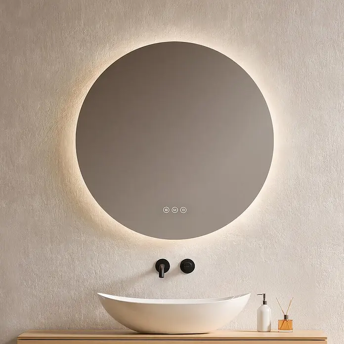 Lichtspiegel Glowrim OLM03 -  - Runder, hinterleuchteter Smart-Spiegel mit Touch-Steuerung über einem Aufsatzwaschbecken auf einem Holzwaschtisch.