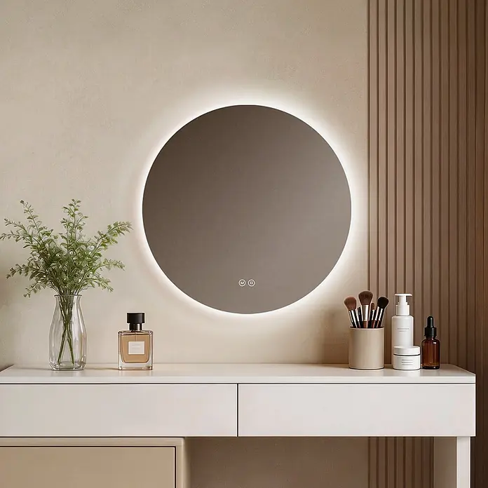 Emke Lichtspiegel Glowrim OLM03 - 60 x 60 cm - Runder beleuchteter Spiegel mit Touch-Bedienelementen über einem Schminktisch mit Beauty-Produkten, der einen modernen Schminkbereich aufwertet.