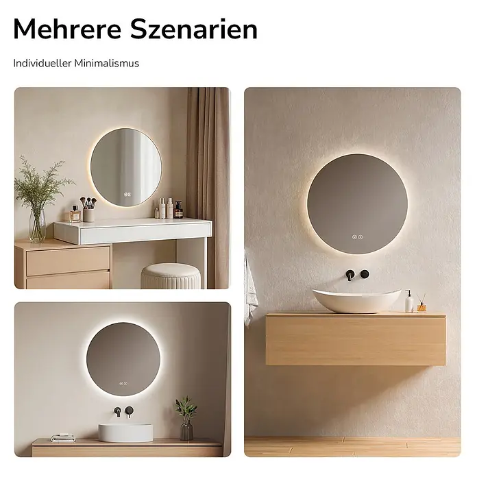 Emke Lichtspiegel Glowrim OLM03 - 50 x 50 cm - Runder LED-Spiegel in drei minimalistischen Bad- und Schminktisch-Szenarien, der sein vielseitiges Design zeigt.