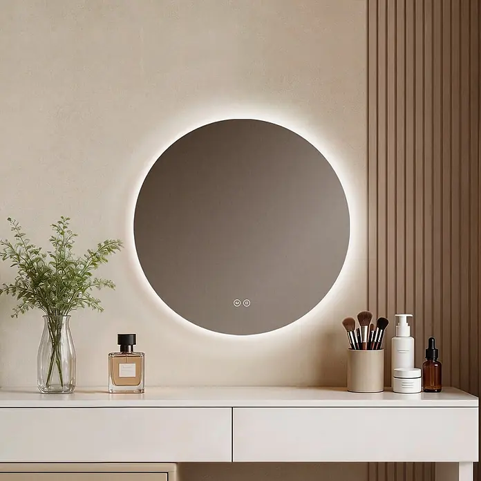 Emke Lichtspiegel Glowrim OLM03 - 50 x 50 cm - Runder LED-Spiegel an der Wand über einem Schminktisch, umgeben von Schönheitsprodukten und einer Pflanze.