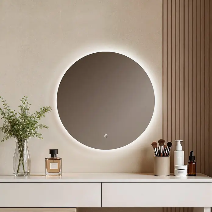 Lichtspiegel Glowrim OLM03 -  - Runder LED-beleuchteter Spiegel mit Touch-Bedienfeld über einem Schminktisch.