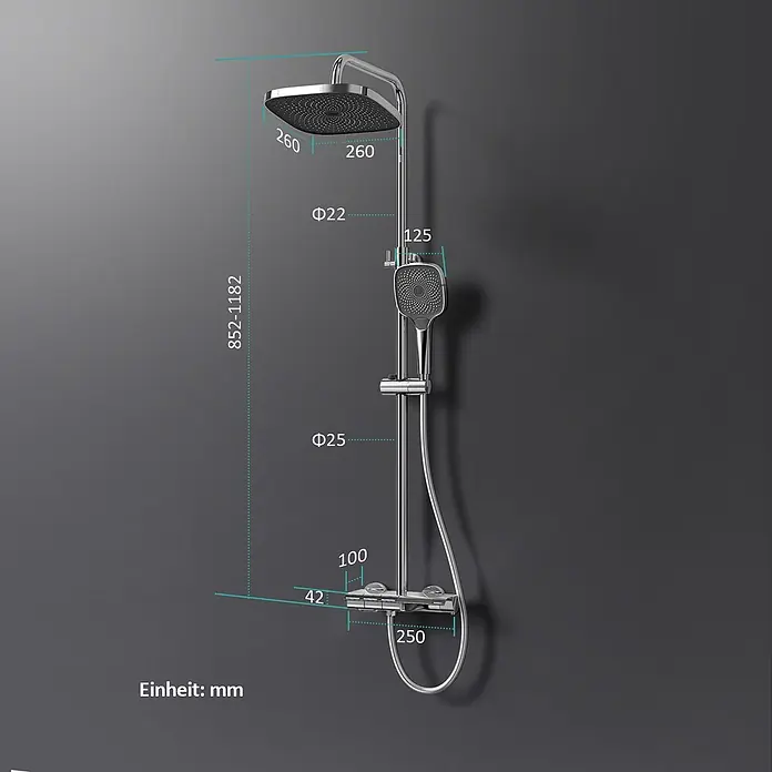 Duschsysteme Klavierstil-Tasten Orbflow F12 -  - Chrom-Quadrat-Regenduschsystem mit Handbrause und Thermostatmischer, Maße angezeigt.