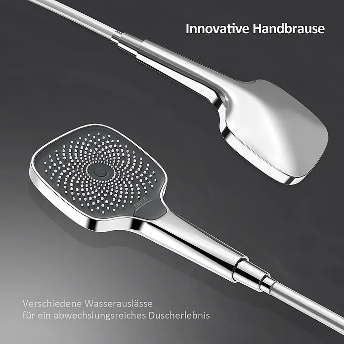 Emke Duschsystem Orbflow F12 - Mit Thermostatarmatur, Lochabstand: 77,4 cm, Anzahl Strahlarten: 3 Stk., Chrom - Zwei schlanke, innovative Chrom-Handbrausen. Die untere zeigt ihre graue Sprühfläche mit verschiedenen Wasserauslässen für ein abwechslungsreiches Duscherlebnis.