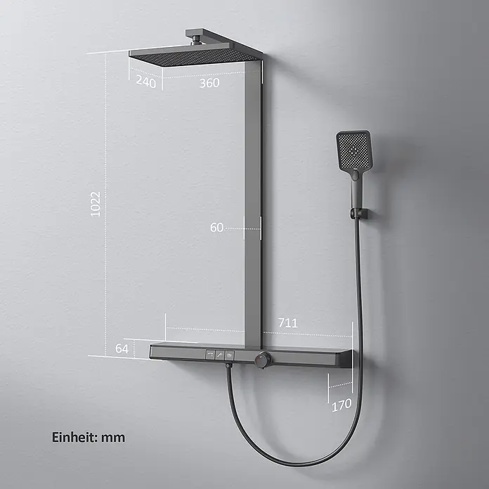 Duschsysteme Klavierstil-Tasten Edgeflow F13 -  - Dunkelgraues Duschsystem mit quadratischer Kopfbrause, Handbrause und integriertem Bedienfeld.