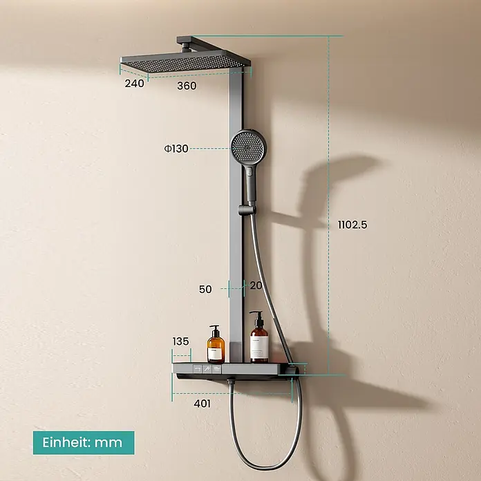 Emke Duschsystem SleeFlow F11 - Mit Thermostatarmatur, Lochabstand: 105 cm, Anzahl Strahlarten: 4 Stk., Anthrazit - Dunkelgraues Duschsystem mit quadratischer Regenbrause, Handbrause und integrierter Ablage, an der Wand montiert.