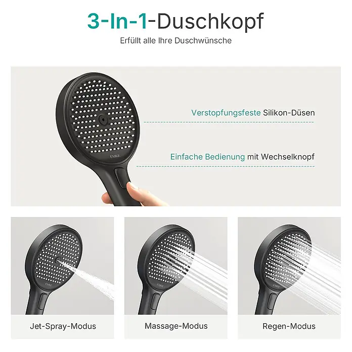 Duschsysteme Slimtrim F23 -  - Schwarzer 3-in-1-Duschkopf mit Silikondüsen und drei Modi: Jet, Massage, Regen.