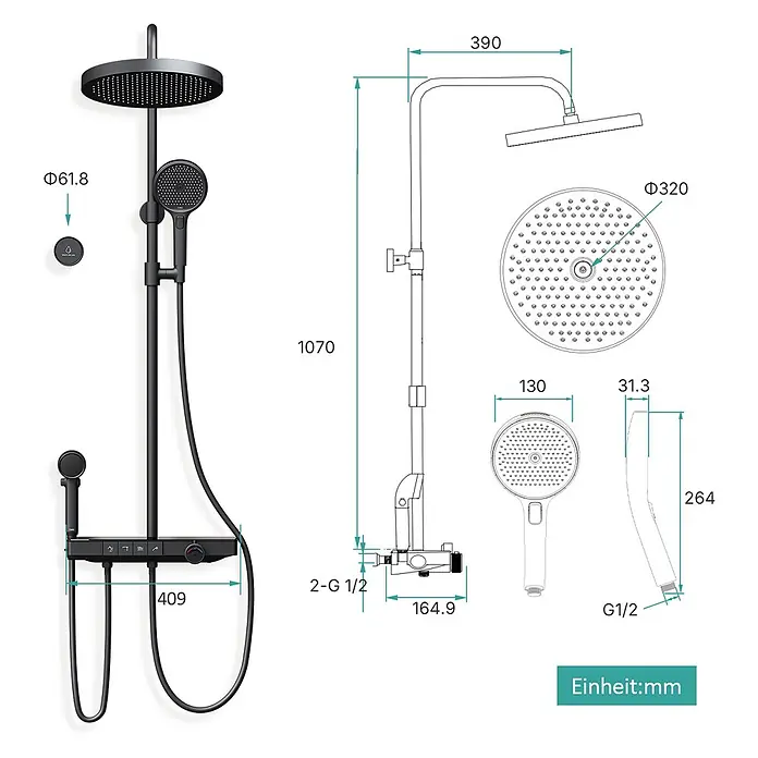 Duschsysteme Slimtrim F23 -  - Schwarzes Duschsystem mit Regenduschkopf, Handbrause und Bedienfeld. Technische Zeichnung mit Maßen.