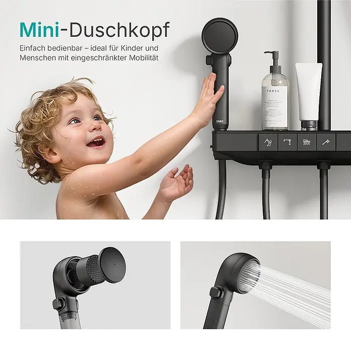 Duschsysteme Slimtrim F23 -  - Schwarzer Mini-Duschkopf, einfach zu bedienen, ideal für Kinder & Personen mit eingeschränkter Mobilität. Von einem Kind gehalten.