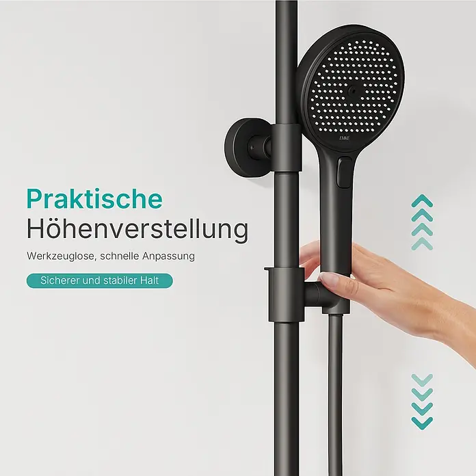 Duschsysteme Slimtrim F23 -  - Eine schwarze Duschstange mit Handbrause, deren Höhe von einer Hand verstellt wird.