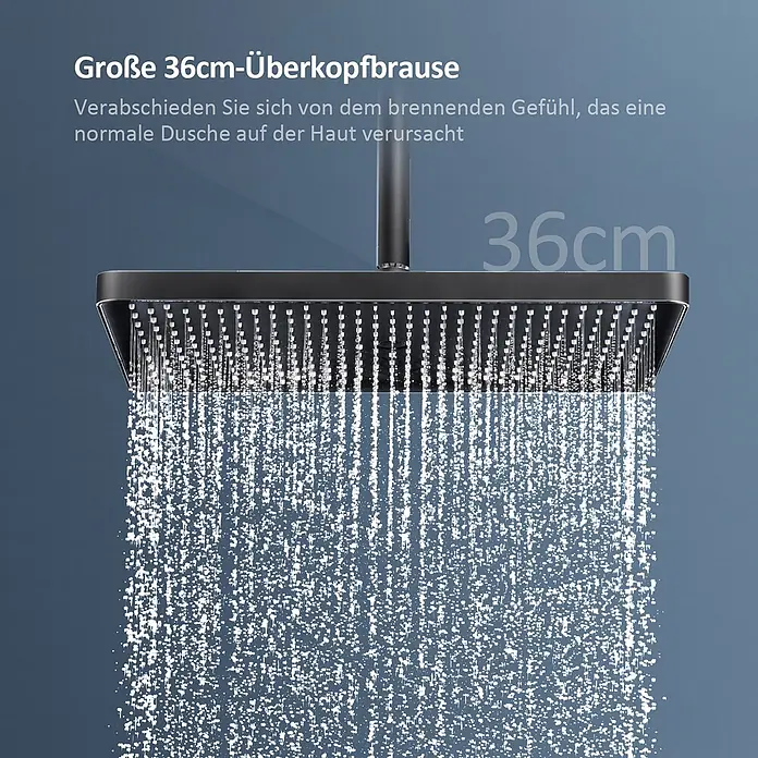 Duschsysteme Tastenschalter Orbflow F10 -  - Große schwarze, quadratische Überkopfbrause, die Wasser sprüht. Misst 36cm.