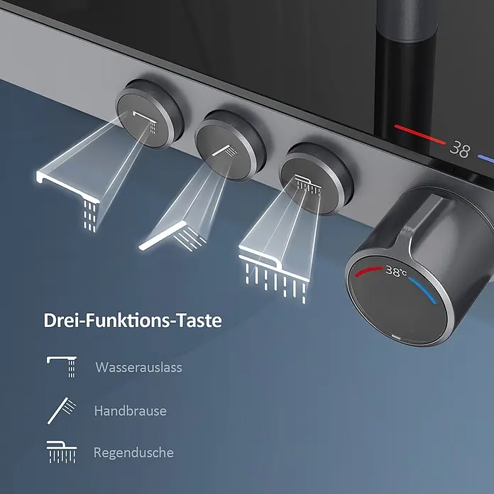 Duschsysteme Tastenschalter Orbflow F10 -  - Dunkelgraue Duscharmatur mit drei Funktionstasten und Temperaturregler (38°C).