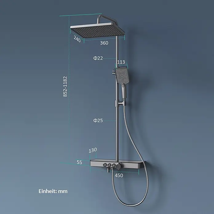 Duschsysteme Tastenschalter Orbflow F10 -  - Graue Duschsäule mit Regenduschkopf, Handbrause und Ablage, inklusive Maßangaben.