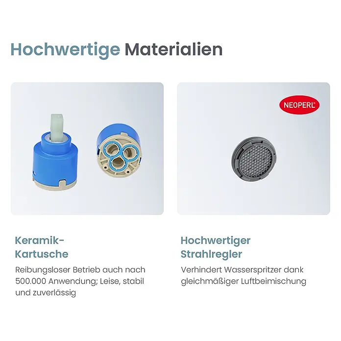 Emke Badewannenarmatur Slimtrim XF27 - Schwarz - Blaue und beigefarbene Keramik-Armaturenkartusche und grauer Neoperl Strahlregler. Hochwertige Komponenten für zuverlässigen Wasserfluss.