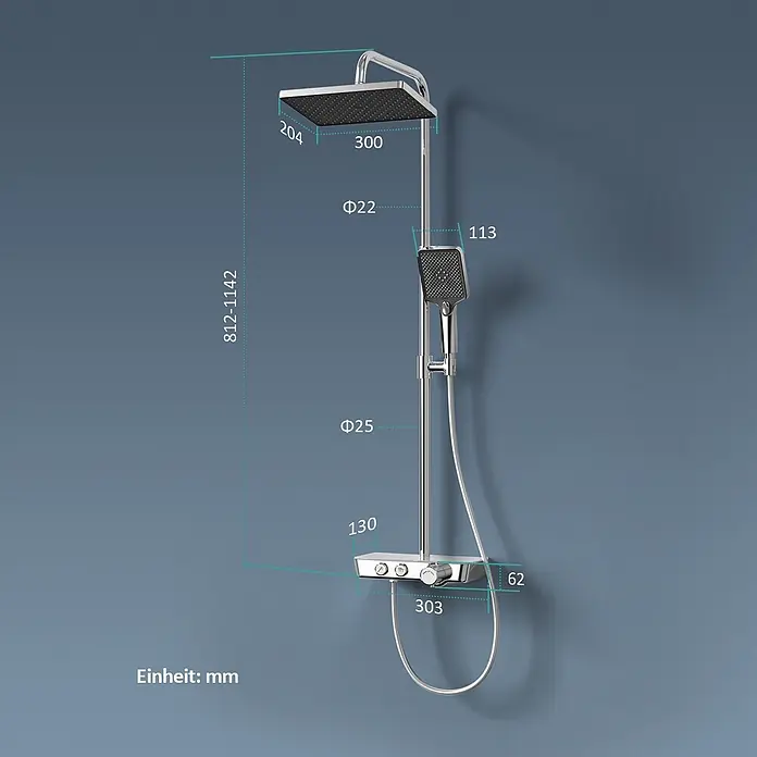 Duschsysteme Tastenschalter Orbflow F08 -  - Chrom-Duschsystem mit quadratischem Regenkopf, Handbrause und Thermostatmischer, detailliert mit Maßen.