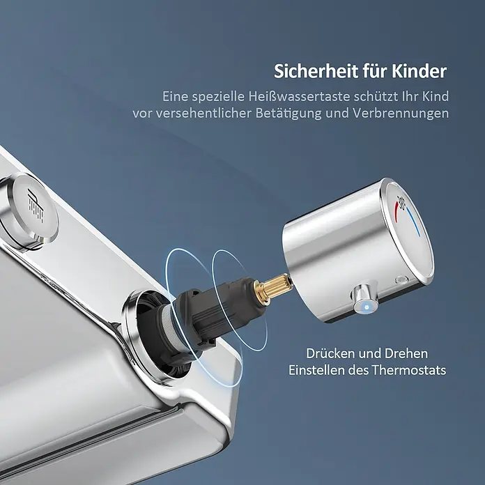 Duschsysteme Tastenschalter Orbflow F08 -  - Nahaufnahme eines verchromten Duschhahns mit kindersicherer Heißwassertaste und abnehmbarem Thermostatregler zur Druck-Dreh-Temperatureinstellung.