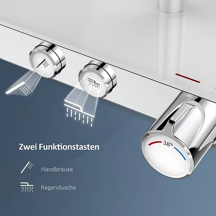 Duschsysteme Tastenschalter Orbflow F08 -  - Chrom-Duschthermostat mit zwei Funktionstasten für Handbrause und Regendusche sowie Temperaturregler auf 38°C.