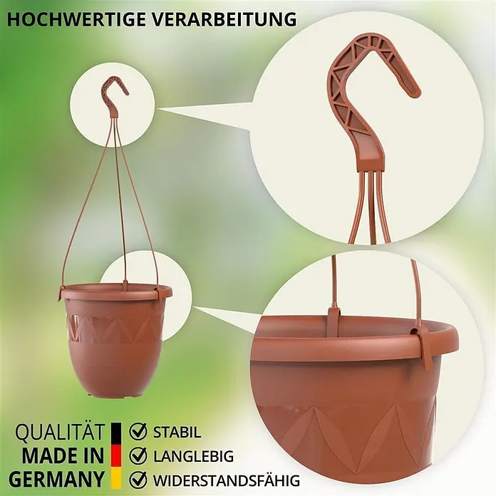 Plastard Pflanztopf Ø 27 cm in Terrakotta mit Aufhänger, Deko Blumentopf - 1 Stk., Außenmaß (Ø x H): 30 x 22 cm, Kunststoff, Terrakotta - Brauner Kunststoff-Hängepflanztopf mit dekorativem Muster und robustem Aufhängehaken.