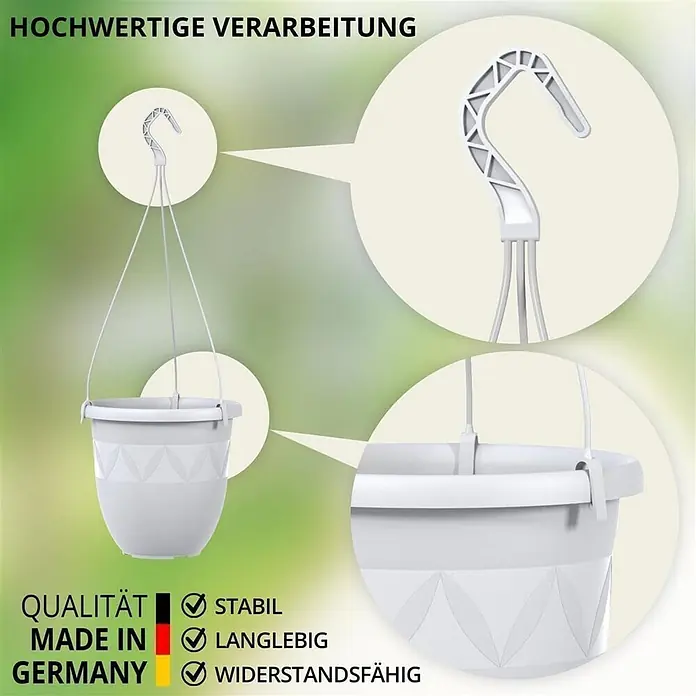 Plastard Pflanztopf Ø 24 cm in Weiß mit Aufhänger, Deko Blumentopf - 1 Stk., Außenmaß (Ø x H): 24 x 20 cm, Kunststoff, Weiß - Weißer Hängeblumentopf mit dekorativem Muster, inklusive stabilem Haken und Detailansichten der Aufhängung.