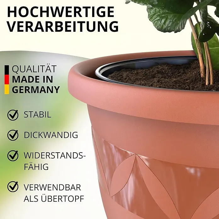 Ø 47 cm Terrakotta Pflanztopf, 38 Liter, Garten & Balkon -  - Terracotta-farbener Pflanztopf mit einer Pflanze darin, stabil und dickwandig, auch als Übertopf nutzbar.