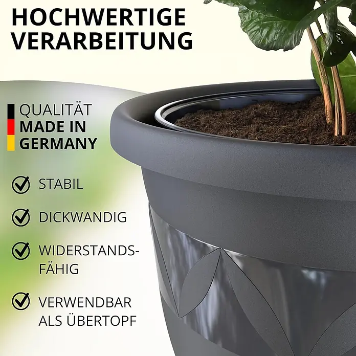 10er Set Ø18 cm  Anthrazit - Pflanzkübel Blumentopf -  - Dunkelgrauer dekorativer Pflanztopf mit dickem Rand und Pflanze. Robust und als Übertopf nutzbar.