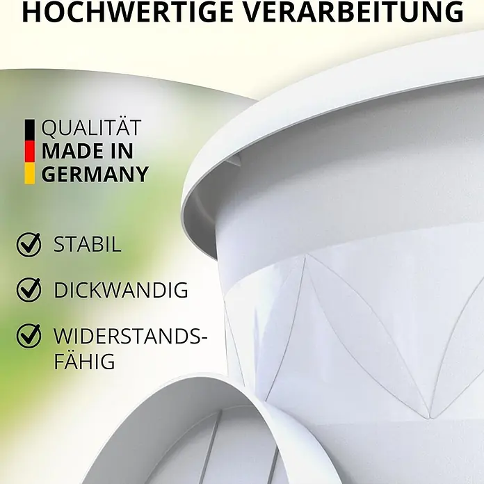 Plastard Pflanztopf 5er Set Ø30 cm mit Untersetzer Weiß – Pflanzkübel - 5 Stk., Außenmaß (Ø x H): 30 x 25 cm, Kunststoff, Weiß - Weißer, dickwandiger Kunststofftopf, Made in Germany, mit Hinweisen auf Stabilität und Widerstandsfähigkeit.