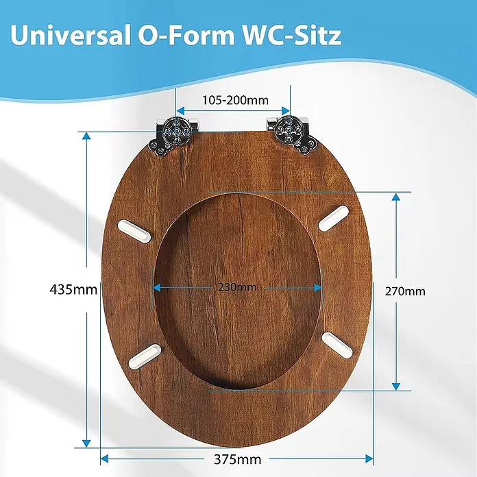 SAINOS WC-Sitz MDF WC-Sitz, Braun, Universal-O-Form, Absenkautomatik, Unten - MDF, Braun, Mit Absenkautomatik - Dunkler WC-Sitz in O-Form mit Holzoptik, universell passend und Maßangaben für Länge, Breite und Scharnierabstand.