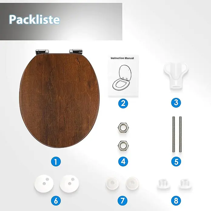 SAINOS WC-Sitz MDF WC-Sitz, Braun, Universal-O-Form, Absenkautomatik, Unten - MDF, Braun, Mit Absenkautomatik - Dunkler Holztoilettensitz mit Chromscharnieren und Montagesatz (Schrauben, Muttern, Unterlegscheiben, Befestigungen).