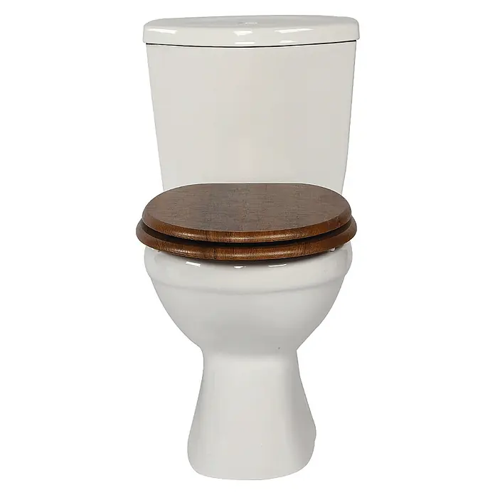 SAINOS WC-Sitz MDF WC-Sitz, Braun, Universal-O-Form, Absenkautomatik, Unten - MDF, Braun, Mit Absenkautomatik - Weiße Porzellantoilette mit dunklem Holzsitz.
