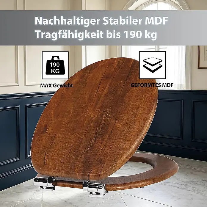 SAINOS WC-Sitz MDF WC-Sitz, Braun, Universal-O-Form, Absenkautomatik, Unten - MDF, Braun, Mit Absenkautomatik - Holzfarbener Toilettensitz aus stabilem MDF mit Chromscharnieren, bis 190 kg belastbar.