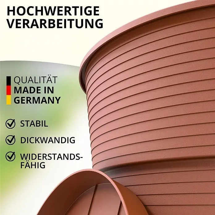 Plastard Pflanztopf Ø 26 cm mit Untersetzer rund – Terrakotta – Pflanzkübel - 1 Stk., Außenmaß (Ø x H): 26 x 21 cm, Kunststoff, Terrakotta - Brauner, texturierter Blumentopf mit Untersetzer und deutschem Text über Qualitätsmerkmale.
