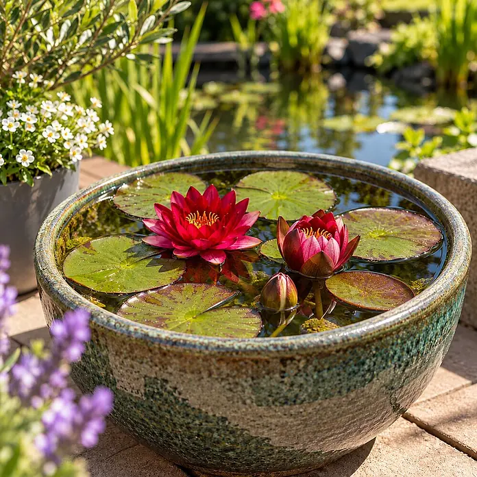 Rote Seerose - Komplettset - inkl. Korb Substrat Kies & Nahrung -  - Eine glasierte Keramikschale als Miniteich, gefüllt mit Wasser, leuchtend roten Seerosen und grünen Seeblättern auf einer Außenterrasse.