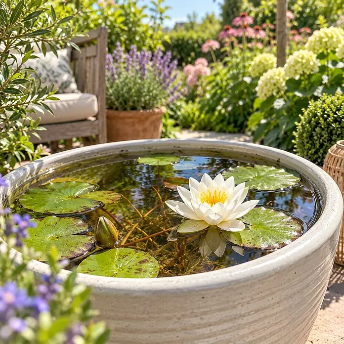Weiße Seerose - Komplettset - inkl. Korb Substrat Kies & Nahrung -  - Große helle Keramikschale als Gartenwasserbecken, mit weißer Seerose, Seerosenblättern und einer Knospe im Wasser.