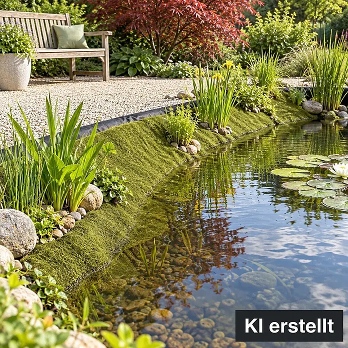 Aquagart Bodenschutzvlies 2m x 0,5m grün Ufermatte Böschungsmatte - Kunststoff - Moosähnliche grüne Teichmatte schafft einen natürlichen Übergang zum Wasser in einem Gartenteich mit Wasserpflanzen.