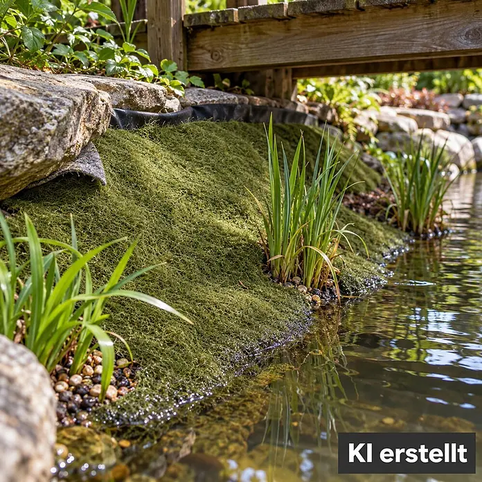 Aquagart Bodenschutzvlies 2m x 0,5m grün Ufermatte Böschungsmatte - Kunststoff - Grünes Teichrandvlies, schafft eine natürliche Uferzone für Wasserpflanzen, integriert in Felsen und Wasser unter einer Holzbrücke.