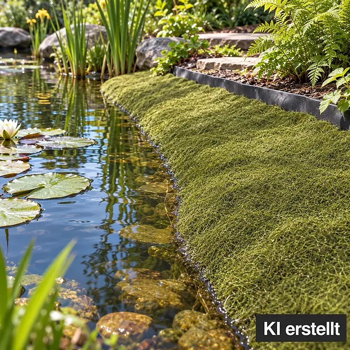 Aquagart Bodenschutzvlies 2m x 0,5m grün Ufermatte Böschungsmatte - Kunststoff - Grüne Ufermatte mit moosartiger Textur und schwarzem Randstreifen am Teich.