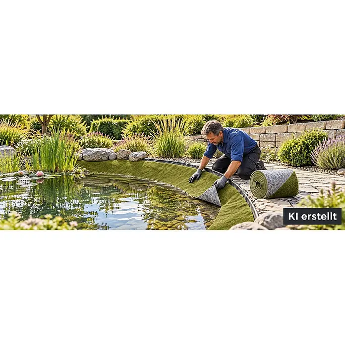 Aquagart Bodenschutzvlies 2m x 0,5m grün Ufermatte Böschungsmatte - Kunststoff - Mann verlegt grüne Teichvlies zum Schutz der Teichfolie in einem Gartenteich.