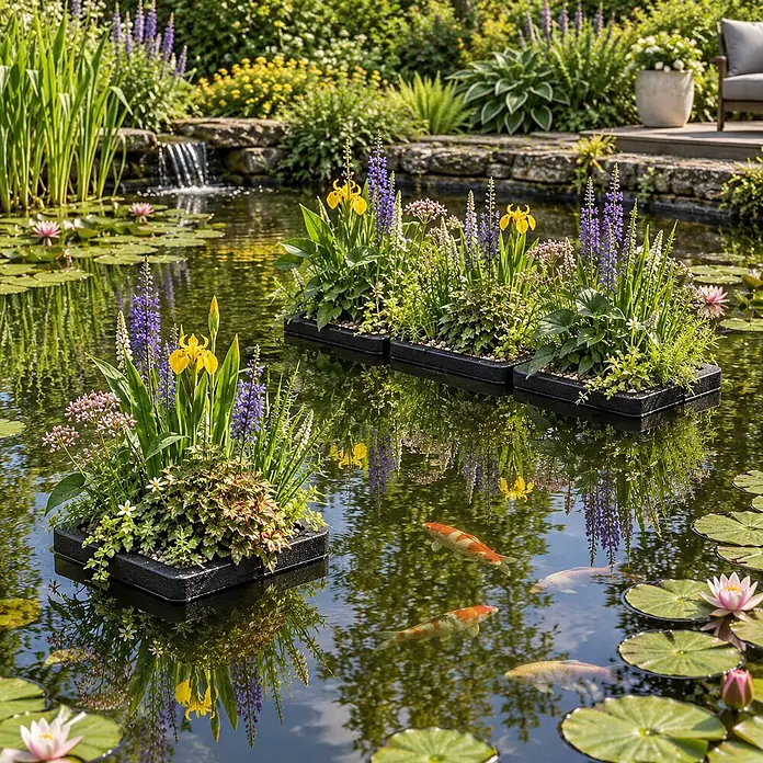 Pflanzeninsel Teich - 4 Sorten Teichpflanzen mit Zubehör - 25x25 cm -  - Schwarze schwimmende Pflanzinseln gefüllt mit bunten Blumen und Grünzeug, die ein lebendiges Bild in einem Gartenteich schaffen.