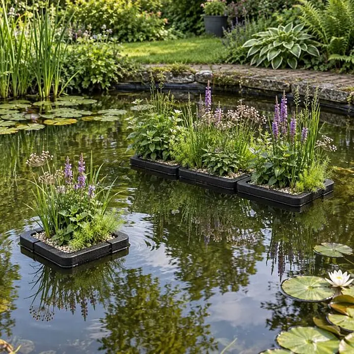 Pflanzeninsel Anti-Mücken - 4 Teichpflanzen mit Zubehör -  - Schwarze schwimmende Pflanzgefäße mit Pflanzen und lila Blüten in einem Gartenteich.