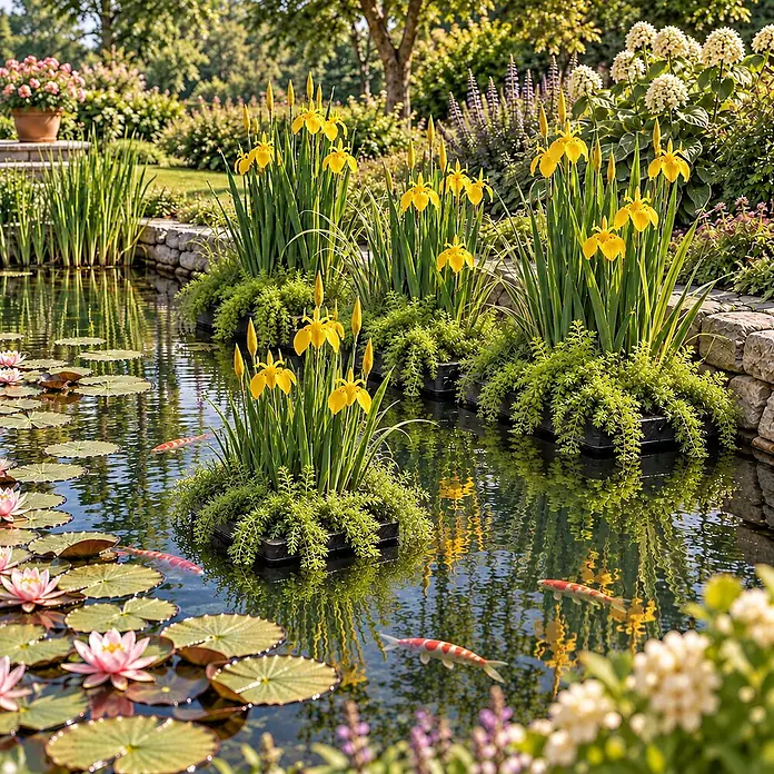 Filterinsel für Teich 25x25 cm - Komplettset mit 4 Wasserpflanzen -  - Schwarze Schwimmpflanztöpfe mit gelben Schwertlilien und Grünpflanzen in einem Gartenteich.