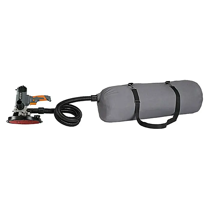 Toolson Wand- & Deckenschleifer DWS 225 DC - 1.200 W, Durchmesser Schleifteller: 215 mm - Bild einer Trockenbauschleifmaschine mit Staubsack, ideal für staubfreies Schleifen. Das Werkzeug erleichtert die Arbeit bei Renovierungen.