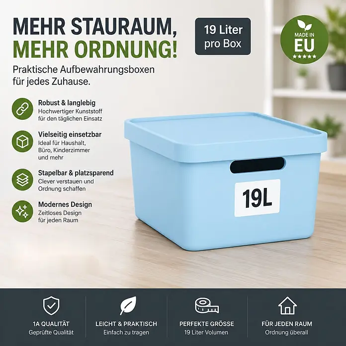 2er-Set 19 Liter in Blau mit Deckel – Stapelboxen, Lagerboxen -  - Ein hellblauer 19-Liter-Aufbewahrungsbox mit passendem Deckel, ideal zum Organisieren verschiedener Gegenstände.