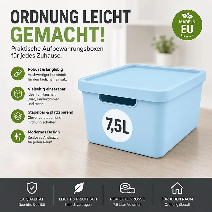 2er-Set 7,5 Liter in Blau mit Deckel – Stapelboxen, Lagerboxen -  - Hellblaue Kunststoff-Aufbewahrungsbox mit Deckel, 7,5 Liter Volumen.