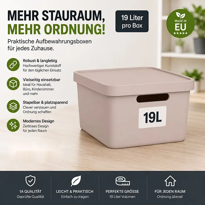 2er-Set 19 Liter in Pink mit Deckel – Stapelboxen, Lagerboxen -  - Hellbeige Kunststoff-Aufbewahrungsbox mit Deckel, beschriftet mit "19L". Ideal zum Organisieren.