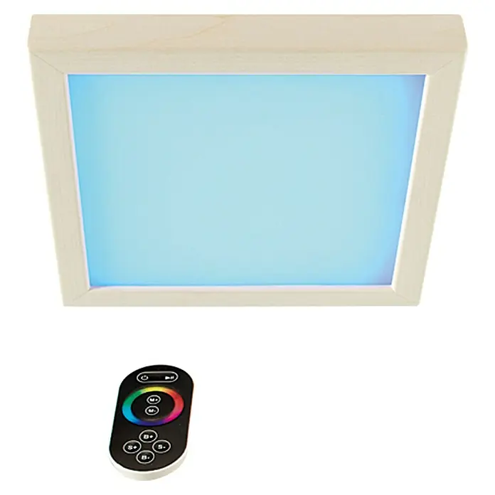 Karibu LED-Farblichtanwendung - Geeignet für: Bis 6 m² Raum, 7 einstellbare Farben - Die LED-Deckenleuchte mit Holzrahmen und Fernbedienung bietet eine individuell anpassbare Beleuchtung für jeden Raum.