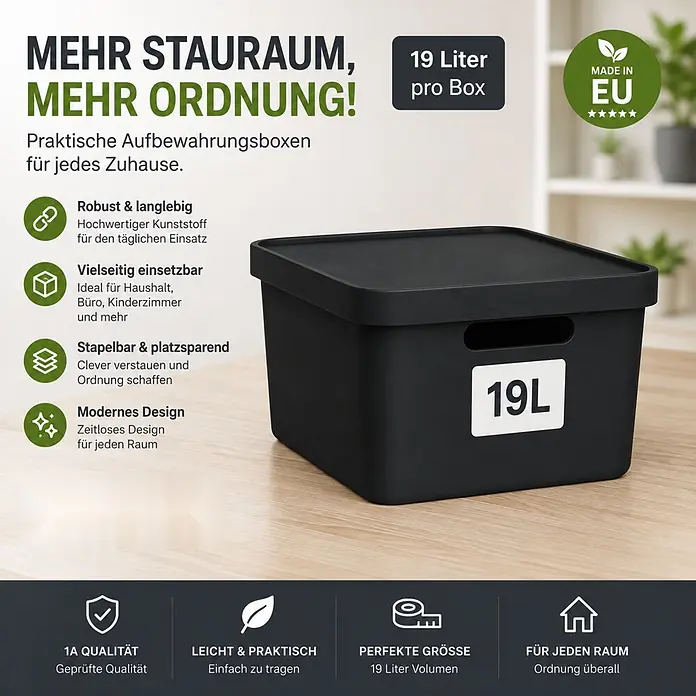 2er-Set 19 Liter in Schwarz mit Deckel – Stapelboxen, Lagerboxen - 