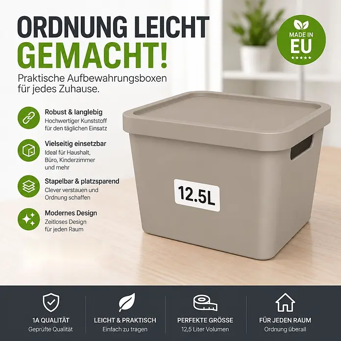 2er-Set 12,5 Liter in Beige mit Deckel – Stapelboxen, Lagerboxen - 