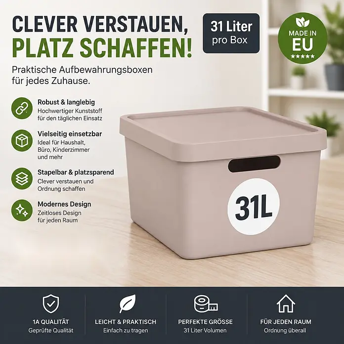 3er-Set 31 Liter in Pink mit Deckel – Stapelboxen, Lagerboxen -  - Eine hellbraune 31L Plastik-Aufbewahrungsbox mit Deckel, konzipiert für die Heimorganisation.