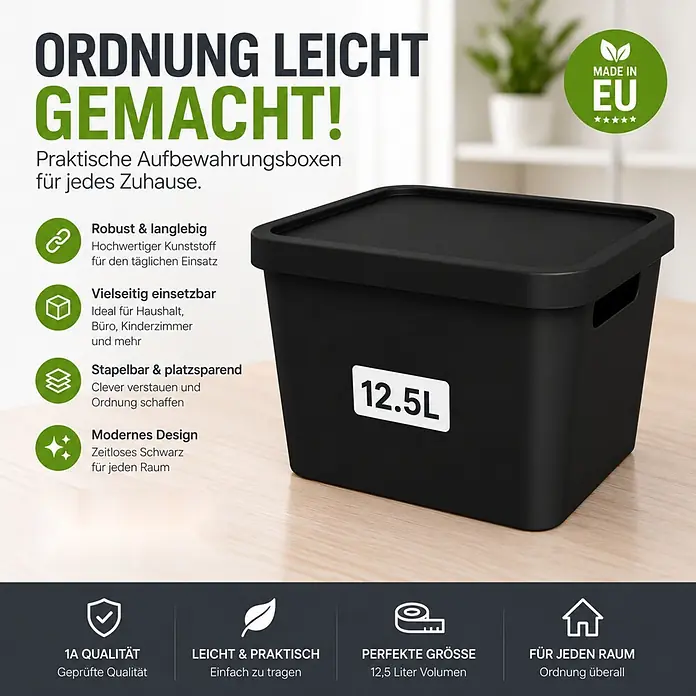 2er-Set 12,5 Liter in Schwarz mit Deckel – Stapelboxen, Lagerboxen - 